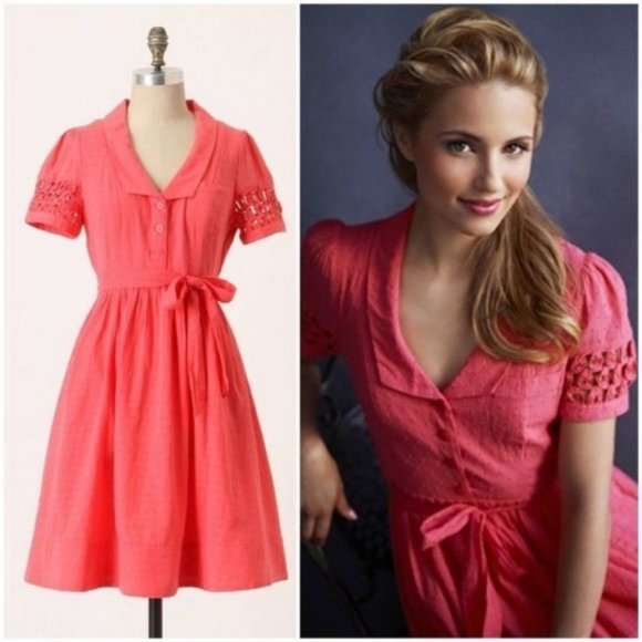 Anthropologie Dresses & Skirts - ANTHROPOLOGIE Maeve Tiny Windows Swiss Dot Pink Coral Retro Fit & Flare Dress